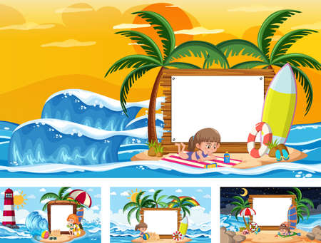 Set of different tropical beach scenes with blank banner illustrationのイラスト素材