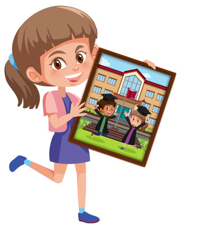Cartoon character of a girl holding her graduation photo illustrationのイラスト素材