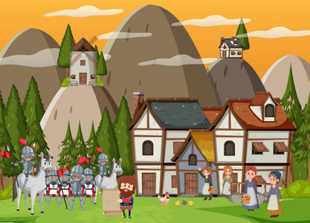Medieval town at sunset time scene with villagers illustrationのイラスト素材