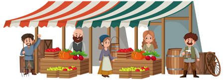 Medieval villagers at fruit store on white background illustrationのイラスト素材