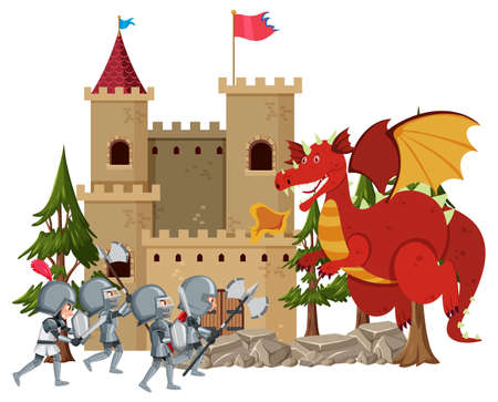 Knights fight with dragon at the castle illustrationのイラスト素材