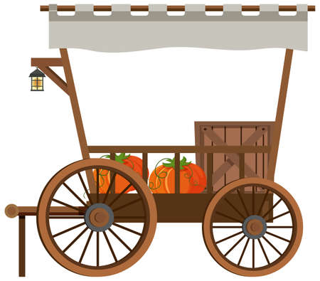 Medieval wooden wagon with pumpkins illustrationのイラスト素材
