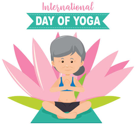 International Day of Yoga banner with old woman doing yoga pose illustrationのイラスト素材