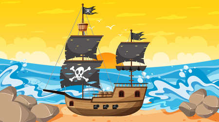 Ocean with Pirate ship at sunset time scene in cartoon style illustrationのイラスト素材