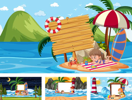 Set of blank banner in different tropical beach scenes illustrationのイラスト素材