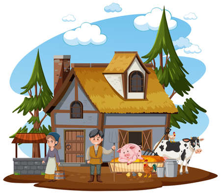 Ancient farmhouse with people on white background illustrationのイラスト素材