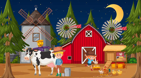 Farm scene at night time with many kids cartoon character and farm animals illustrationのイラスト素材