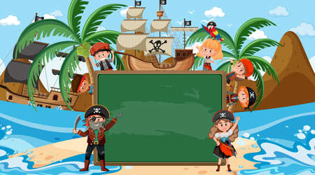 Empty blackboard with many pirate kids cartoon character at the beach illustrationのイラスト素材