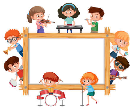 Empty wooden frame with kids playing different musical instruments illustrationのイラスト素材