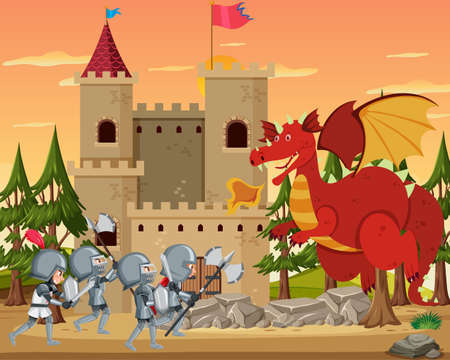 Knights fight with dragon at the castle illustrationのイラスト素材