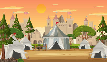 Military medieval camp with tents and castle illustrationのイラスト素材