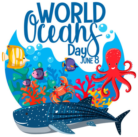 World Ocean Day banner with many different sea animals illustrationのイラスト素材
