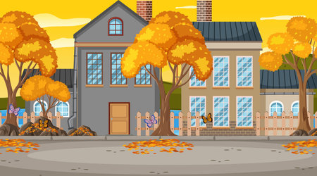 Autumn season with building in town illustrationのイラスト素材