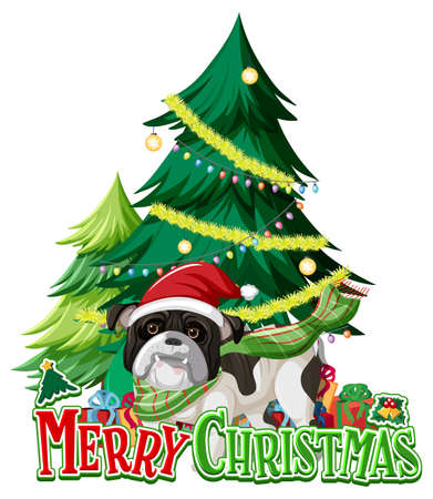 Merry Christmas font with Christmas tree and bulldog illustrationのイラスト素材