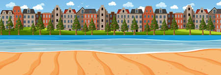 Beach horizontal scene at day time with city background illustrationのイラスト素材