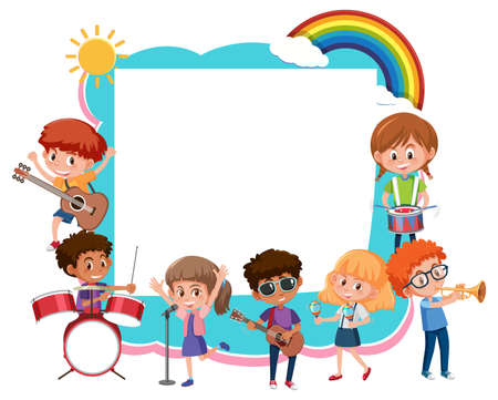 Empty board with kids playing different musical instruments illustrationのイラスト素材