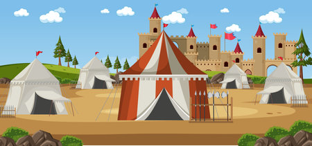 Military medieval camp with tents and weapons illustrationのイラスト素材