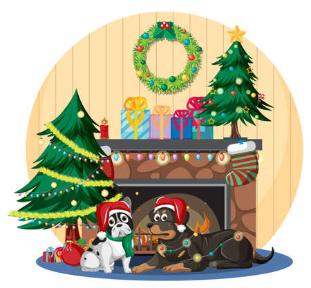 Fireplace with cute dogs and Christmas decorations  illustrationのイラスト素材