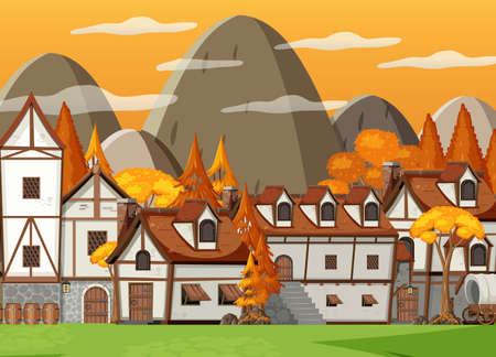 Medieval village scene with hills background illustrationのイラスト素材