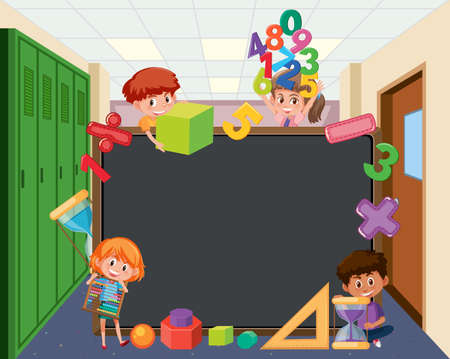 Empty blackboard with school kids and math objects illustrationのイラスト素材