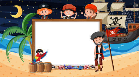 Pirate kids at the beach night scene with an empty banner template illustrationのイラスト素材