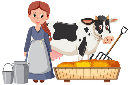 Medieval girl raising a cow on white background illustrationのイラスト素材