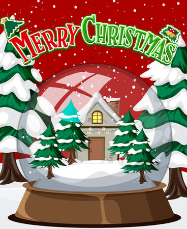 Merry Christmas poster with house in glass dome winter illustrationのイラスト素材