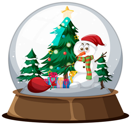 Christmas snowman in snow globe on white background illustrationのイラスト素材