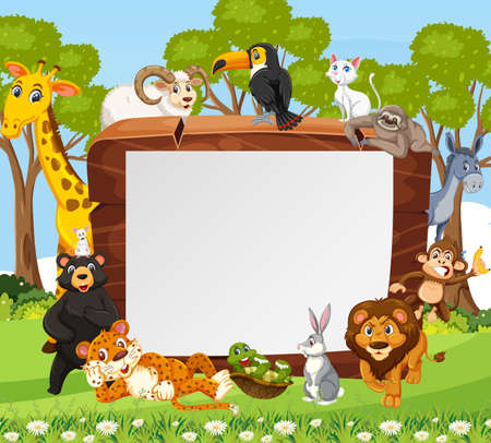 Empty wooden frame with various wild animals in the forest illustrationのイラスト素材