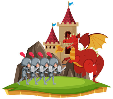Knights fight with dragon at the castle illustrationのイラスト素材