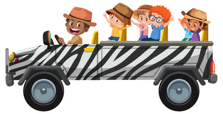 Zoo concept with children on tourist car isolated on white background illustrationのイラスト素材