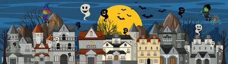 Halloween day with colonial buildings at night illustrationのイラスト素材