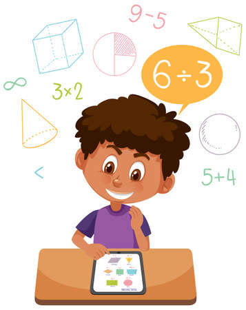 Boy learning math using tablet illustrationのイラスト素材