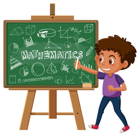 Boy writing math formula on blackboard illustrationのイラスト素材