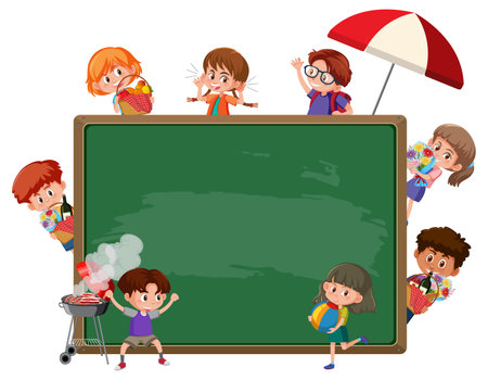 Empty blackboard with many children cartoon character illustrationのイラスト素材