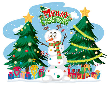 Merry Christmas text logo with Christmas tree and Snowman illustrationのイラスト素材