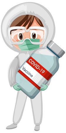 Cartoon character of a doctor holding a covid-19 vaccine bottle illustrationのイラスト素材