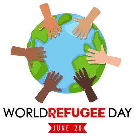 World Refugee Day banner with different hands on globe isolated illustrationのイラスト素材