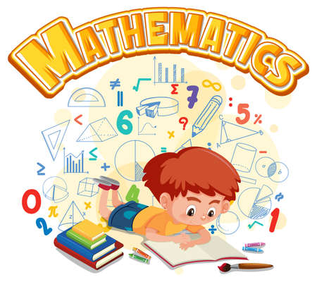 Isolated Mathematics font banner withboy cartoon character illustrationのイラスト素材