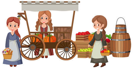 Medieval villagers at fruit store on white background illustrationのイラスト素材