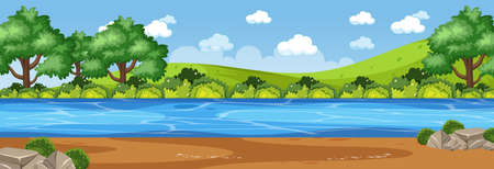 Panorama landscape scene with river through the park illustrationのイラスト素材
