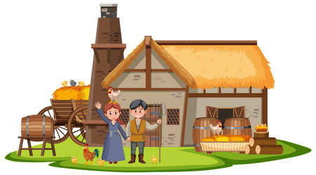 Farmhouse with villagers and farm animals illustrationのイラスト素材