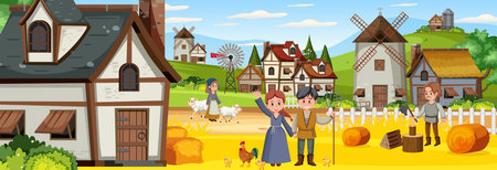 Medieval town scene with villagers illustrationのイラスト素材