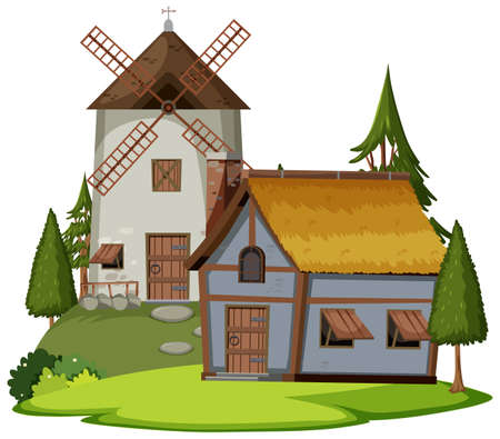 Ancient medieval village isolated on white background illustrationのイラスト素材