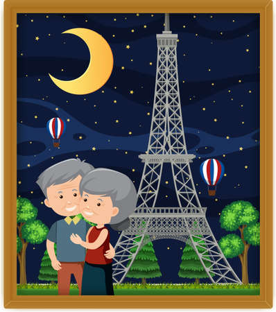 A picture of old couple with Eiffel tower illustrationのイラスト素材