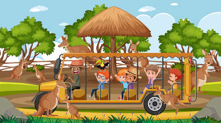 Safari scene with kids on tourist car watching kangaroo group illustrationのイラスト素材