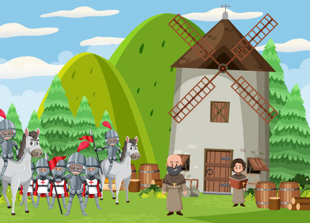 Medieval town scene with villagers illustrationのイラスト素材