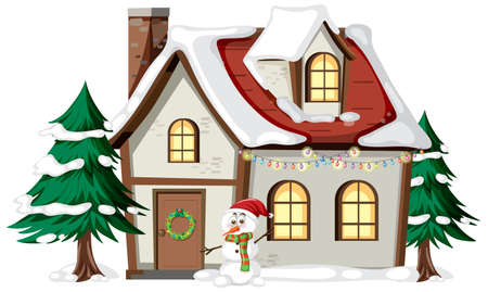 Christmas house with snowman and trees illustrationのイラスト素材