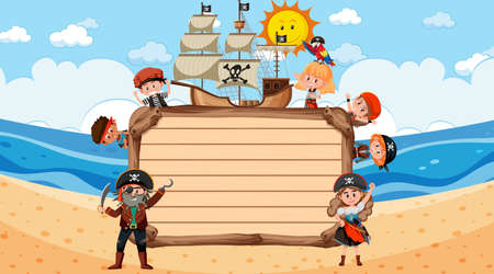 Empty wooden board with many pirate kids cartoon character at the beach illustrationのイラスト素材
