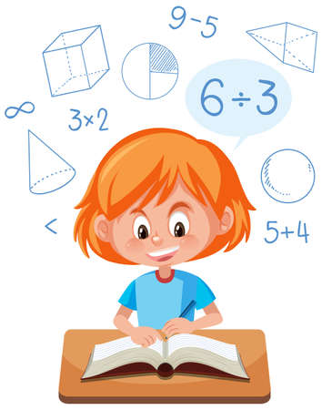 Girl learning math with math symbol and icon illustrationのイラスト素材